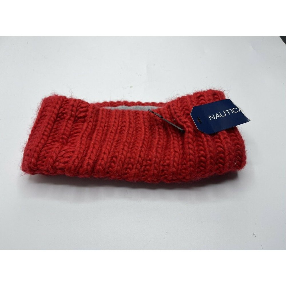 Nautica Ribbed Knit Ear Warmer Headband Fleece Lining One Size Red NWT